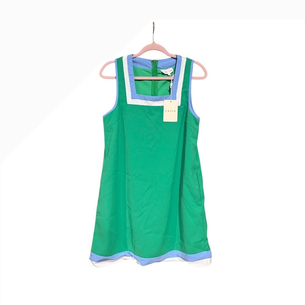 Entro Women Green Mod Shift Dress Square Neck Blue White Trim Sleeveless Small - Picture 2 of 5